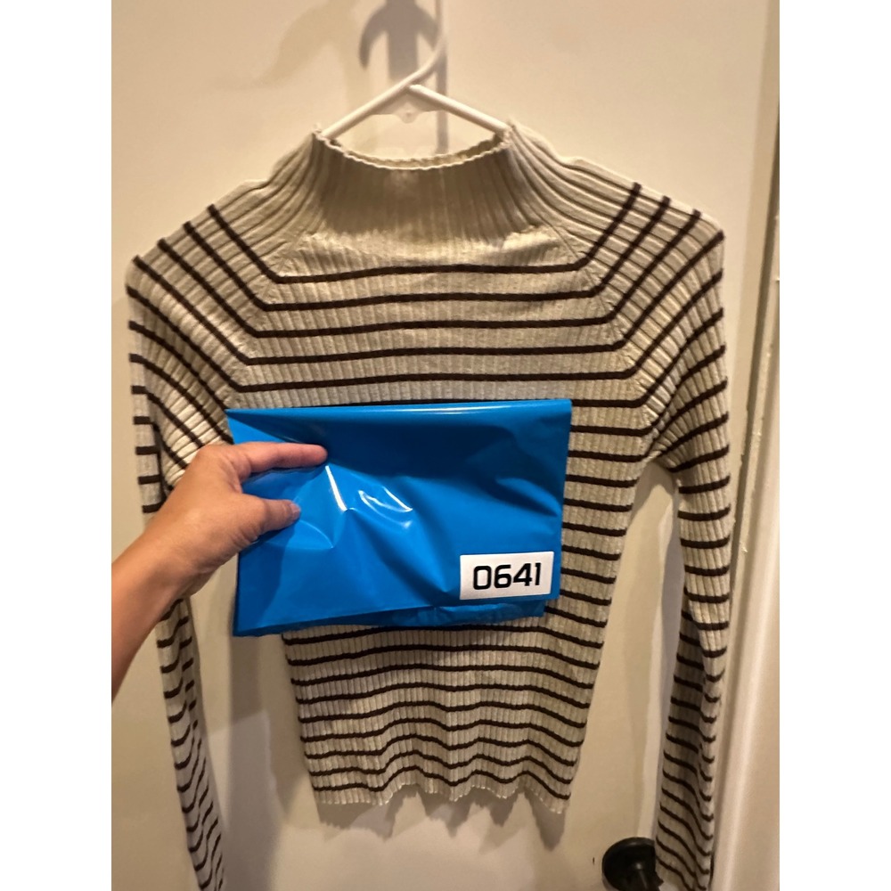 Hooked Up Womens Mock Neck Ribbed Knit Striped Sweater Cream Brown Small - Picture 6 of 6